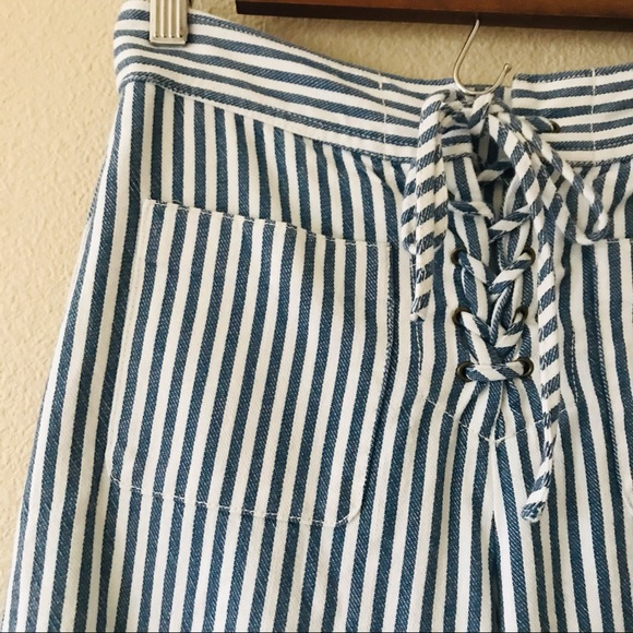 Madewell High Rise Wide Leg Cropped Pants Lace Up Striped Blue White Size 0 - Picture 3 of 6